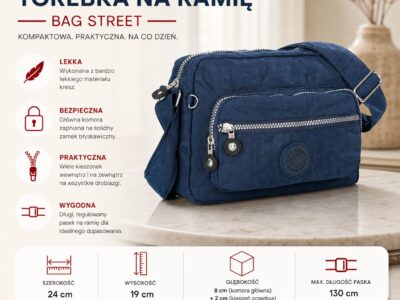Lekka materiałowa torebka na ramię granatowa Bag Street z kreszu - obrazek 7