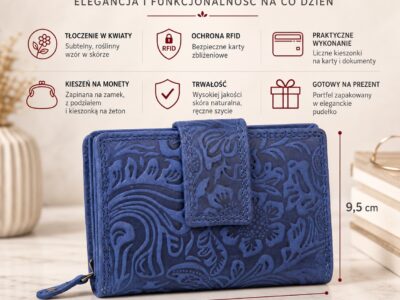 Klasyczny portfel damski z tłoczeniem w kwiaty z matowej skóry naturalnej granatowy - obrazek 10