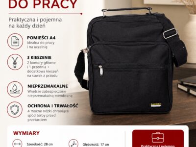 Czarna pionowa materiałowa torba męska do pracy Sanchez - obrazek 7