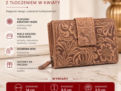 Klasyczny portfel damski z tłoczeniem w kwiaty z matowej skóry naturalnej ciemnobrązowy - obrazek 10