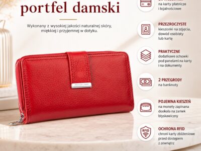 Portfel damski czerwony z miękkiej skóry naturalnej duży Jennifer Jones z RFID - obrazek 8