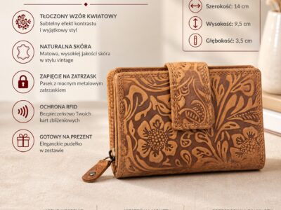Klasyczny portfel damski z tłoczeniem w kwiaty z matowej skóry naturalnej jasnobrązowy - obrazek 11