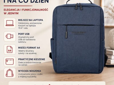 Elegancki granatowy plecak na studia z kieszenią na laptopa - obrazek 10