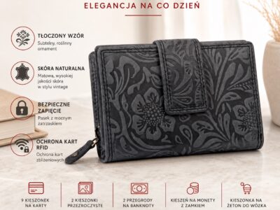 Klasyczny portfel damski z tłoczeniem w kwiaty z matowej skóry naturalnej czarny - obrazek 11