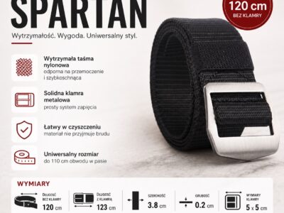 Mocny materiałowy pasek męski do spodni z metalową klamrą czarny SPARTAN - obrazek 9