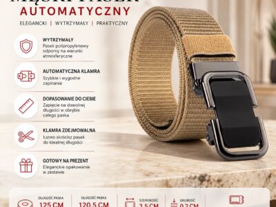 Elegancki pasek męski do spodni z klamrą automatyczną SERGEJ DUBAI Beżowy - obrazek 10