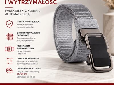 Elegancki pasek męski do spodni z klamrą automatyczną SERGEJ DUBAI Szary - obrazek 8
