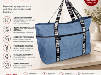 Torba bagaż podręczny do samolotu 55 x 35 x 22 cm niebieska Bag Street - obrazek 10