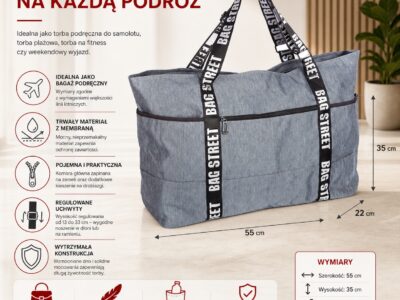 Torba bagaż podręczny do samolotu 55 x 35 x 22 cm szara Bag Street - obrazek 9