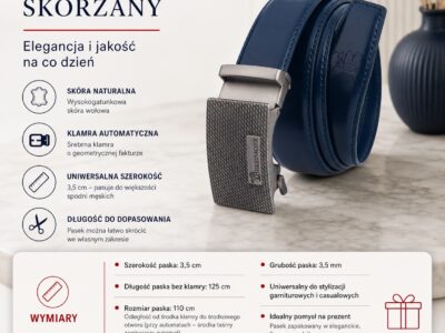 Skórzany pasek męski do spodni granatowy ze srebrną szczotkowaną klamrą automatyczną 125 cm - obrazek 10
