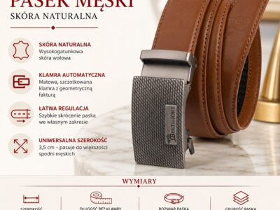 Skórzany pasek męski do spodni jasnobrązowy ze srebrną szczotkowaną klamrą automatyczną 125 cm - obrazek 11
