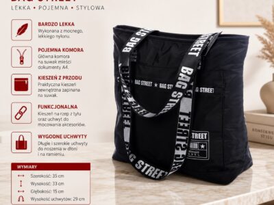 Lekka torebka damska materiałowa shopperka czarna Bag Street - obrazek 11