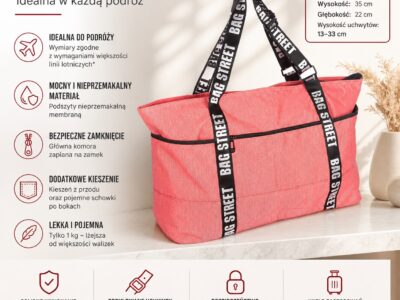 Torba bagaż podręczny do samolotu 55 x 35 x 22 cm różowa Bag Street - obrazek 9