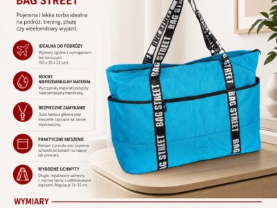 Torba bagaż podręczny do samolotu 55 x 35 x 22 cm turkusowa Bag Street - obrazek 8