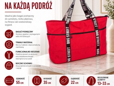 Torba bagaż podręczny do samolotu 55 x 35 x 22 cm czerwona Bag Street - obrazek 9