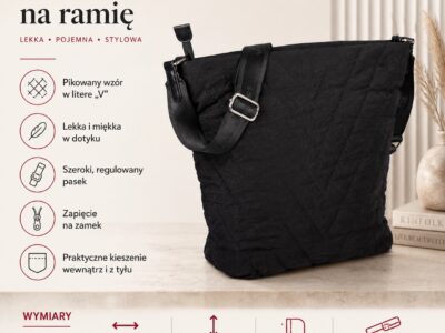 Duża miękka pikowana torebka damska na ramię materiałowa, czarna Jennifer Jones - obrazek 8