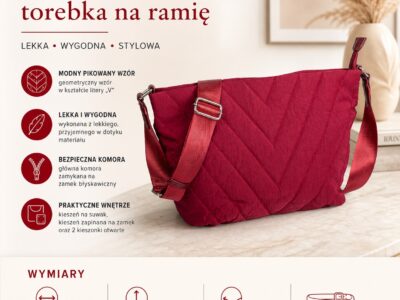Wiśniowa, pikowana torebka damska na ramię w średnim rozmiarze Jennifer Jones - obrazek 9