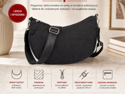 Pikowana, czarna torebka damska na ramię materiałowa w kształcie półksiężyca - obrazek 9