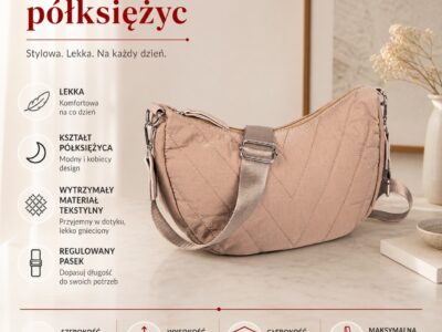 Pikowana, beżowa torebka damska na ramię materiałowa w kształcie półksiężyca - obrazek 9