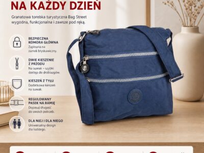 Prostokątna, granatowa, lekka torebka turystyczna Bag Street uszyta z kreszu - obrazek 7