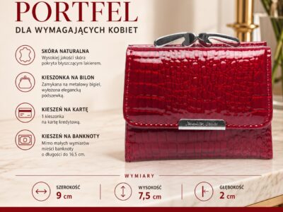 Mały portfel damski lakierowany zapinany na bigiel czerwony croco - obrazek 6