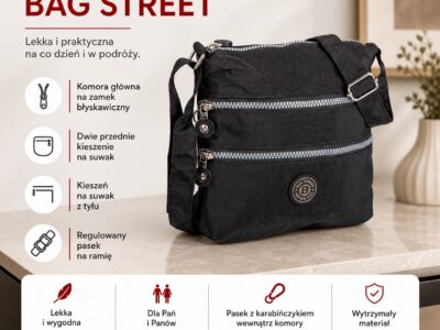 Prostokątna, czarna, lekka torebka turystyczna Bag Street uszyta z kreszu - obrazek 6