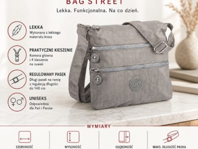 Prostokątna, szara, lekka torebka turystyczna Bag Street uszyta z kreszu - obrazek 7