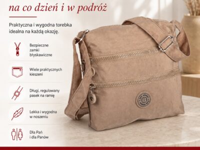 Prostokątna, beżowa, lekka torebka turystyczna Bag Street uszyta z kreszu - obrazek 6