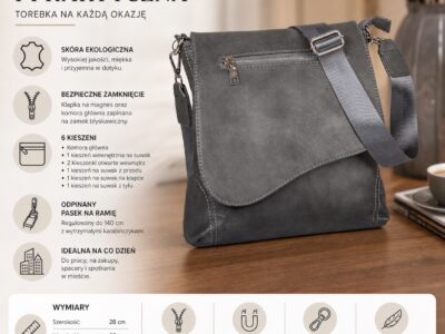 Średniej wielkości, szara torebka damska na ramię miejska z asymetryczną klapką - obrazek 12