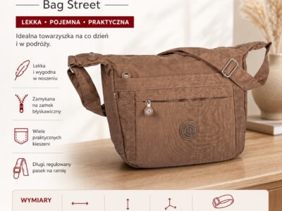 Pojemna i lekka torba na ramię z kreszu materiałowa Bag Street, brązowa - obrazek 10
