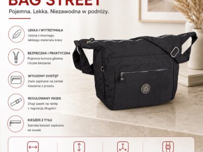 Pojemna i lekka torba na ramię z kreszu materiałowa Bag Street, czarna - obrazek 7