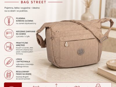Pojemna i lekka torba na ramię z kreszu materiałowa Bag Street, beżowa - obrazek 8