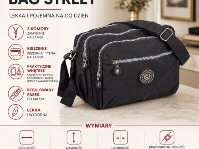 Średnia 3-komorowa torebka na ramię Bag Street lekka z kreszu czarna - obrazek 7