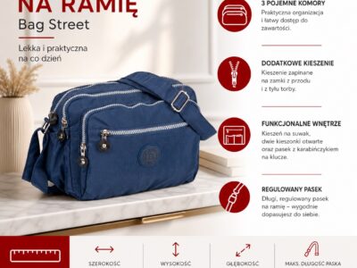 Średnia 3-komorowa torebka na ramię Bag Street lekka z kreszu granatowa - obrazek 7