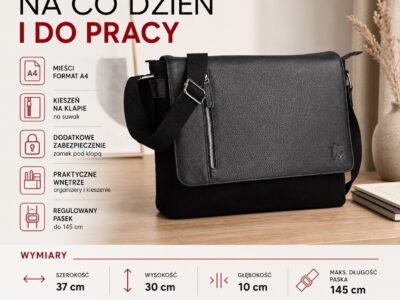 Duża czarna torba męska na ramię z canvasu i skóry naturalnej z klapą Sergej - obrazek 13