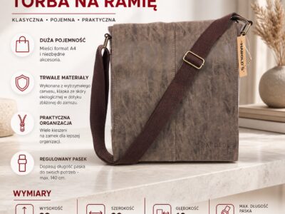 Elegancka pionowa torba męska na ramię z klapą Canvas brązowa - obrazek 10